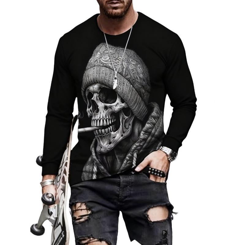 Męskie Koszulki z Graficznym Czaszką Długi Rękaw Szkielet 3D Print Street man t shirt jesień Dekolt Okrągły Casual Y2k Top oversize Męska odzież