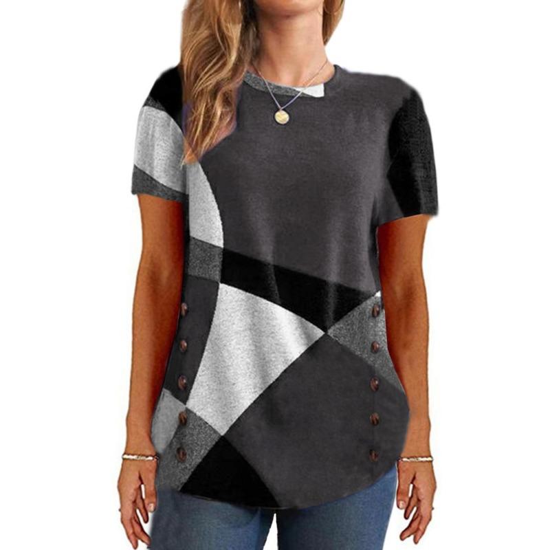 BITCED Summer Spring Women's Button Geometric Clash Short Sleeve Printed Loose T-Shirt Top