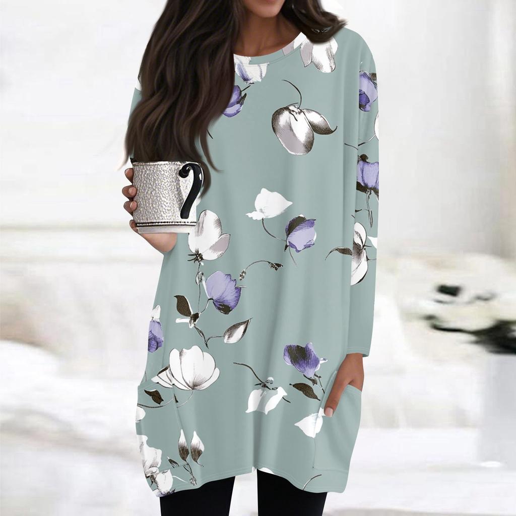 Womens Tops Round Neck  Long Sleeve Blouses Casual Mid-length Shirts Fashion Print Tunic Tops With Pockets