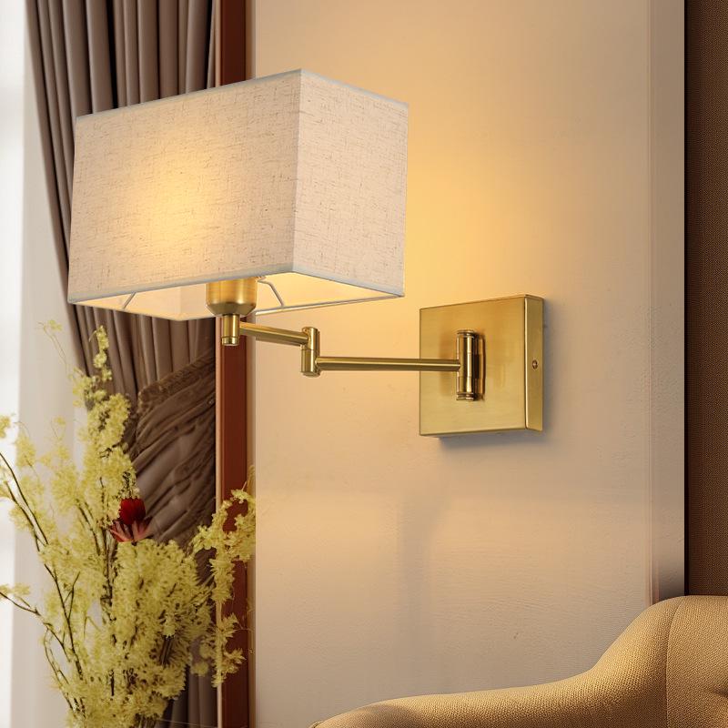 Modern LED Swing Arm Wall Light with Fabric Shade for Bedroom, Study, or Living Room.