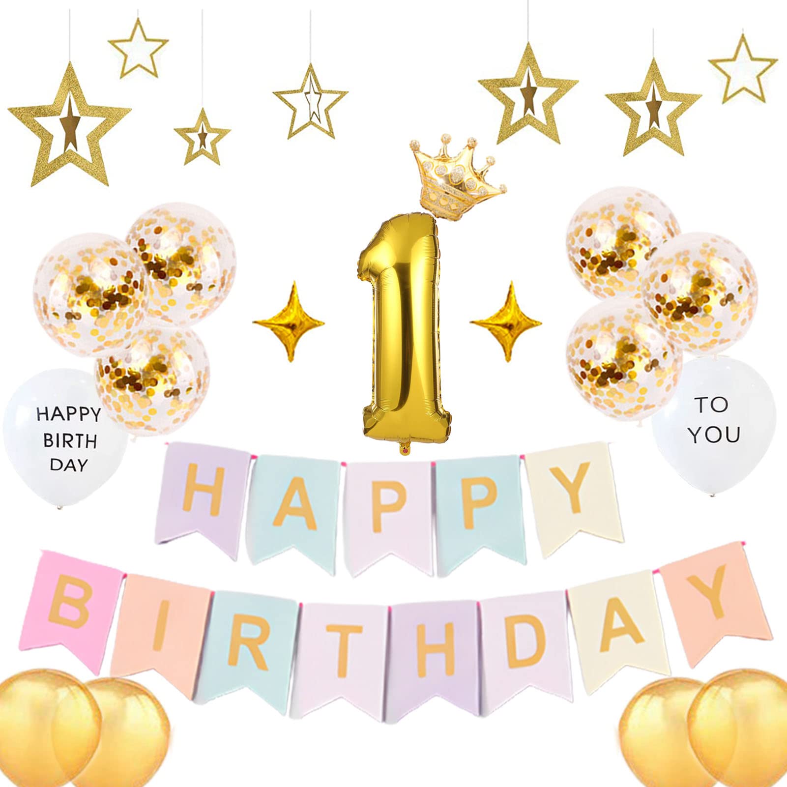 

VeoryFly First Birthday Decoration Set Macaron Garland Balloon Crown Party Supplies Gold and Macaron Stylish Cute Ornaments for Boys and Girls