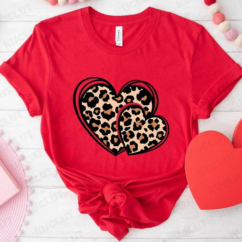 Fashion Unisex Tshirts Leopard Love Heart Print Tops Short Sleeve Clothing Ladies Harajuku Valentines Day Female Clothing