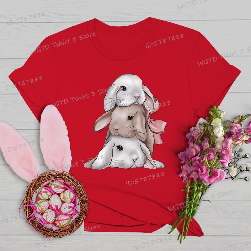 Easter Rabbit Shirts and Blouses Women Gift for Christian Crew Neck Short Sleeve Tshirt Cute Animal Bunny Easter Cartoon Tshirt