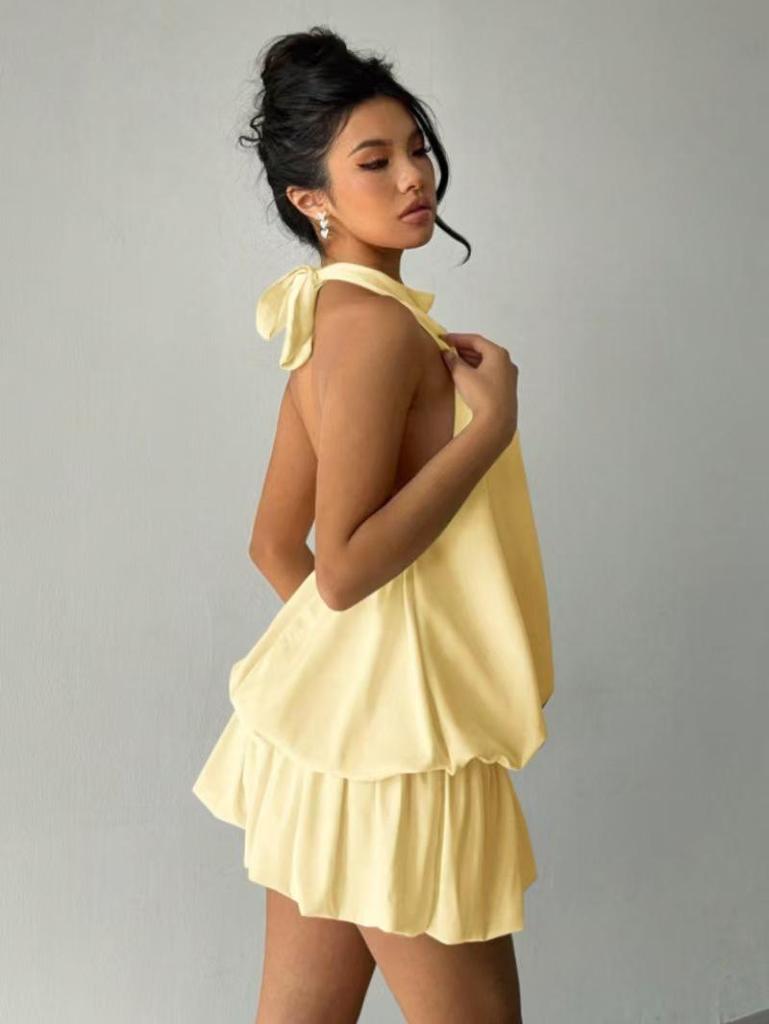 Women's Halter Neck Off-Shoulder Dress - Summer Beach Vacation, Waist-Cinched, Hip-Hugging Flared Skirt
