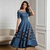 Damen schulterfreies Jeanskleid, Netz-Patchwork Kurzarm A-Linie Swingkleid, Sommer Reise Urlaub langes Kleid