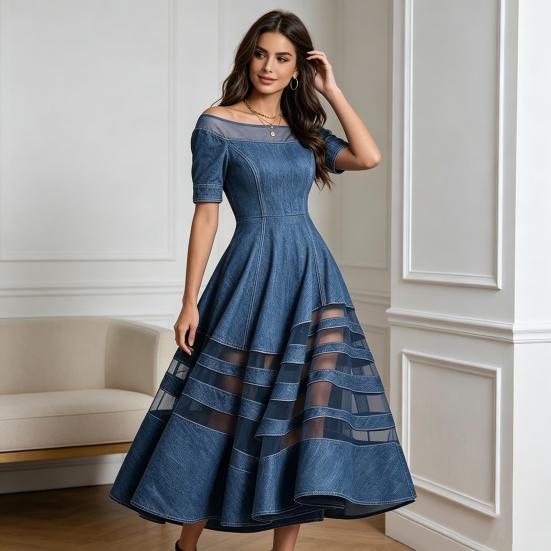 Damen schulterfreies Jeanskleid, Netz-Patchwork Kurzarm A-Linie Swingkleid, Sommer Reise Urlaub langes Kleid