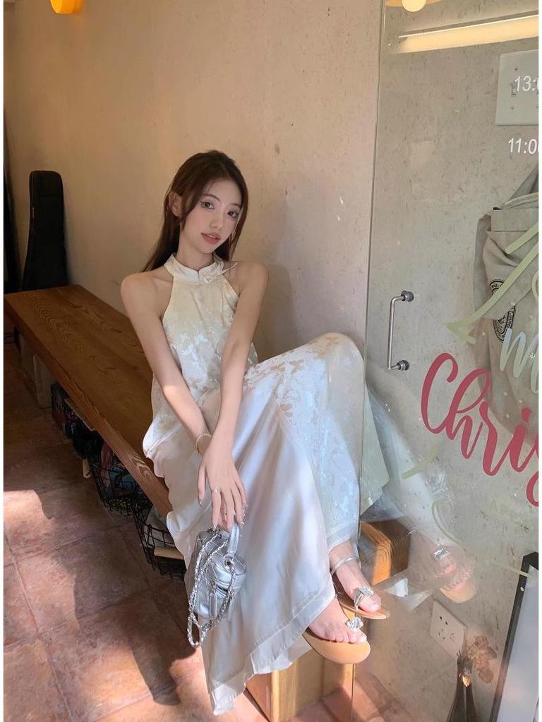 Women's Summer Zen-Inspired Cheongsam Halter Top and Skirt Set