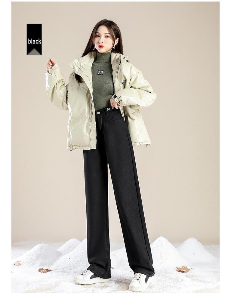 Women's High-Waisted Fleece-Lined Jeans: Thick, Light-Colored, Straight-Leg, Slimming Wide-Leg, Dark Blue for Autumn/Winter 2025.