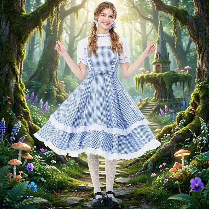 Cosplay modrobílá kostkovaná vesta sukně pastorační krajkový lem kyvadlové šaty halloweenský párty kostým sada