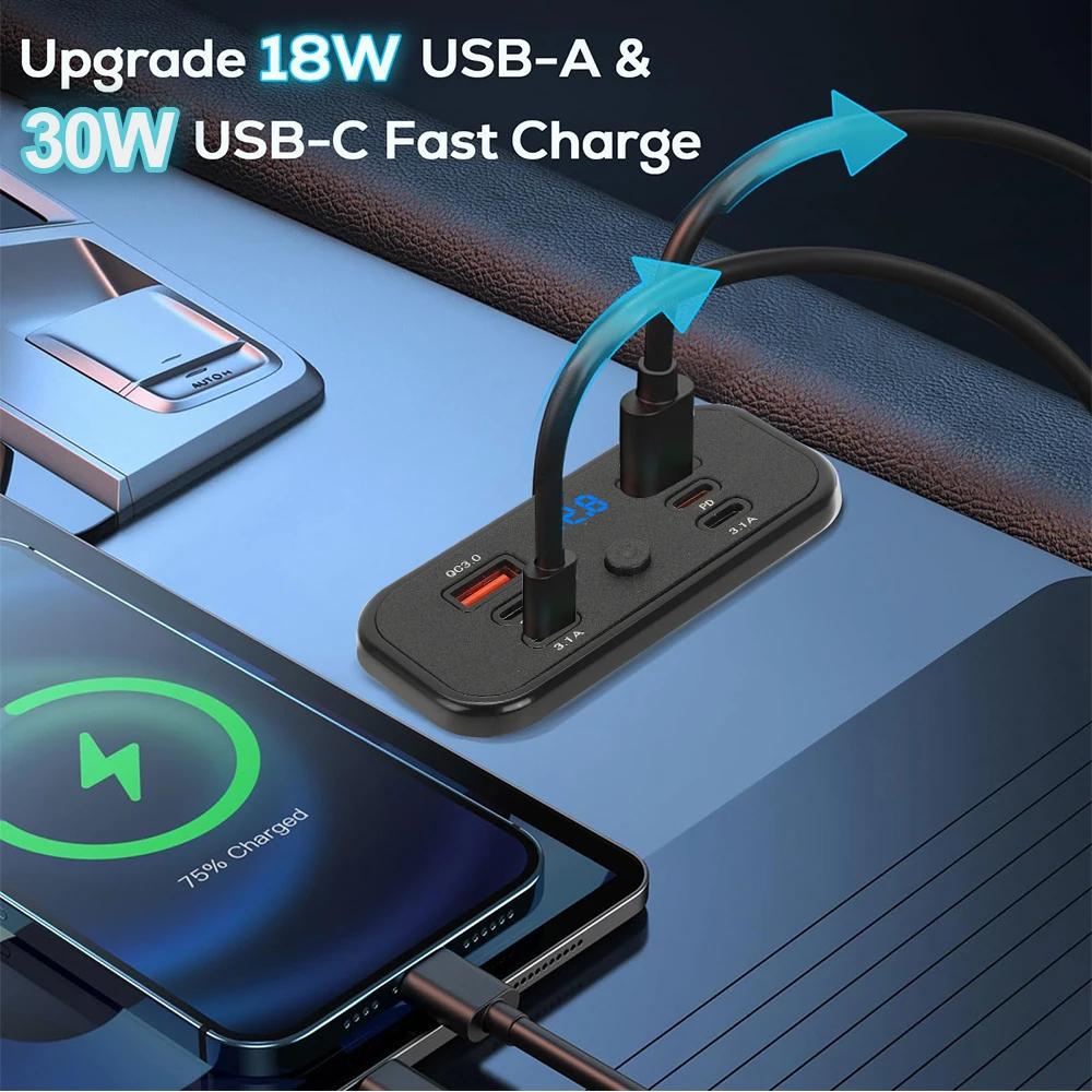 4/6 Ports 112W Dual 18W USB-A 30W PD3.0 QC3.0 Car Charger Outlet ast Charging Power Adapter with Voltmeter Switch for 12V/24V for Car RV Truck Boat