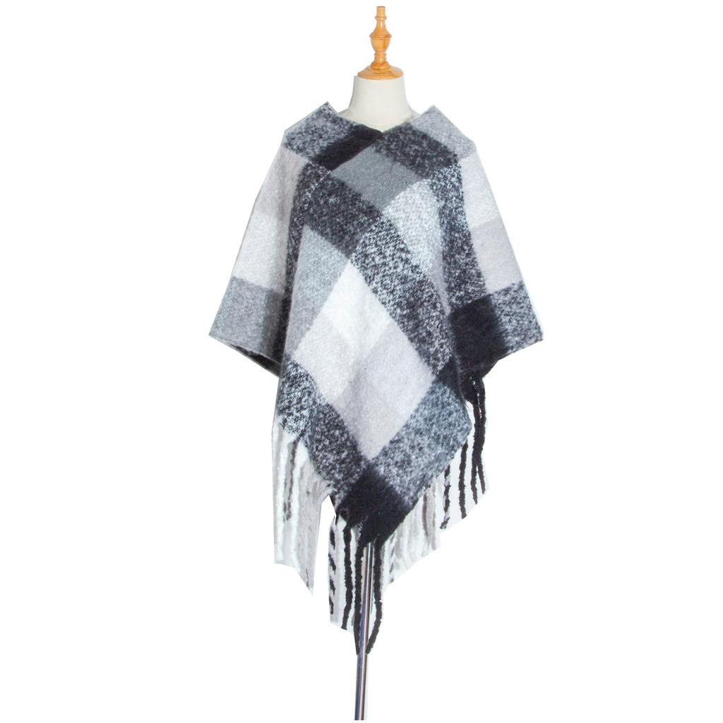 Winter Ladies Circle Yarn Thick Tassels Cape Thick Color Plaid Shawl Scarf
