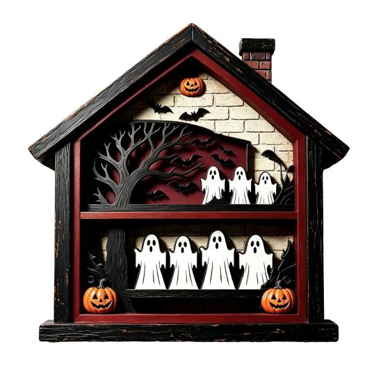 Halloween Wooden Table Sign Ghost Skeleton Block Spooky House Shape Sign Rustic Farmhouse