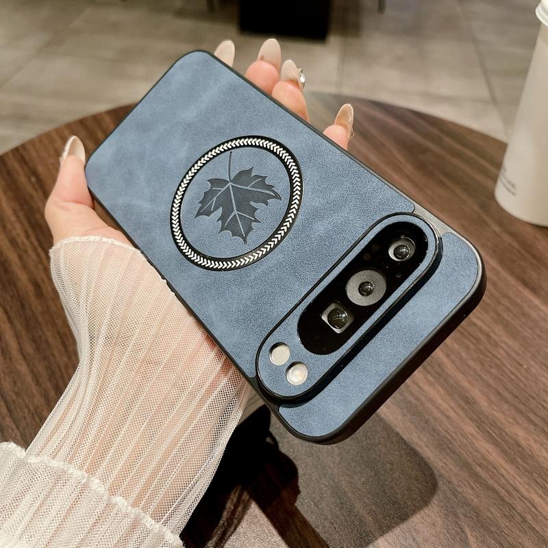 Leaf Pattern Leather Wireless Charge Magnetic Case For Google Pixel 9 Pro XL 8A 8 Pro 7A 7 Solid Color TPU Soft Shockproof Slim Matte Phone Cover