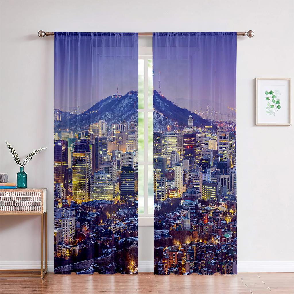 Zasłony 3D z nadrukiem Miasto Budynki Widok ulicy Nocny widok Kompleks budynków Salon Okna od podłogi do sufitu Zasłony na zamówienie