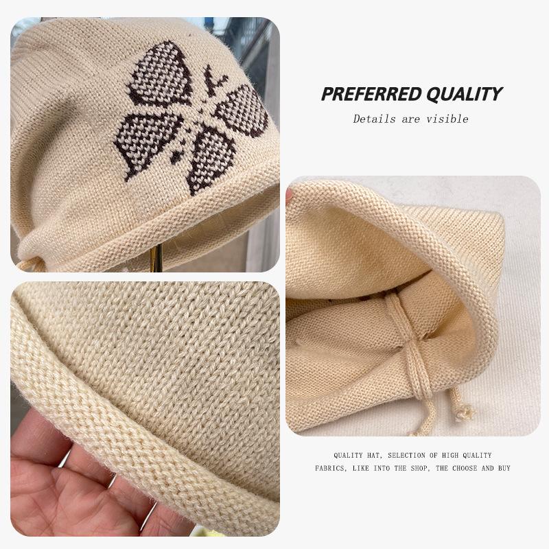 Curled brim beanie for women, autumn and winter, unique design with butterfly embroidery, ear protection, warm hat, versatile head wrap, trendy