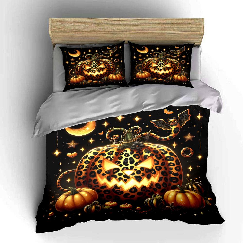 Halloween Leopard Pumpkin Decoration Set Exquisite three-piece bedding set gift for kids and adults 135x200cm