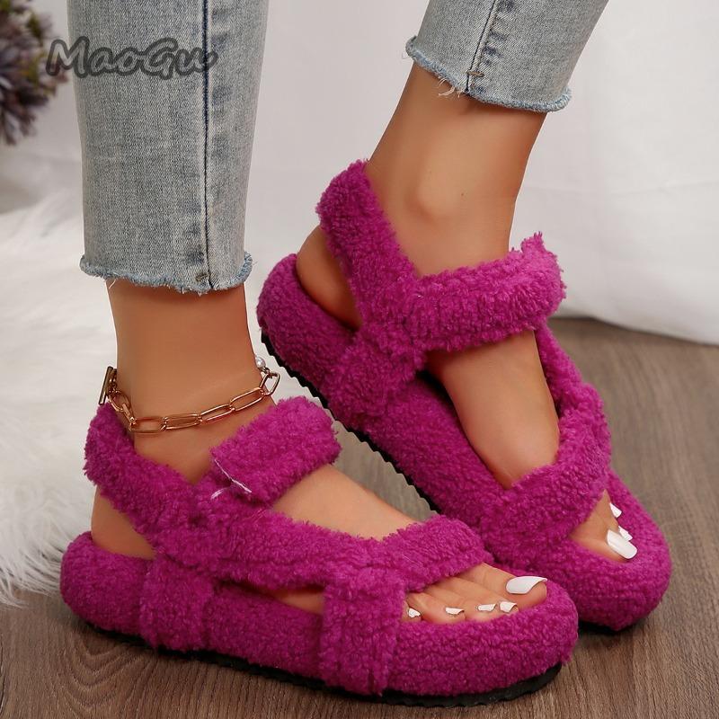 Comfortable Fluffy Slippers for Women Indoor Shoes Thick Flat Bottom Lightweight Short Plush Sandals Autumn Winter Women's Shoes