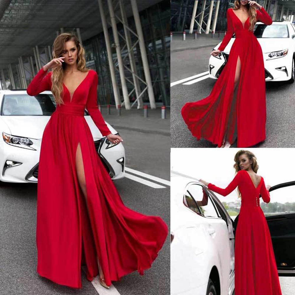 Women Deep V Neck Long Sleeve Slit Prom Gown Dress Elegant Bridesmaid Evening Maxi Dress