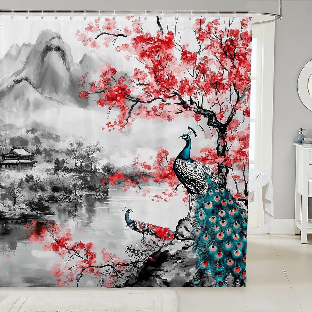 Japanese Style Bathroom Curtain Cherry BlossomShower Curtain for Girls Teen Women,Watercolor Mount Fuji Sakura Animal Aesthetics