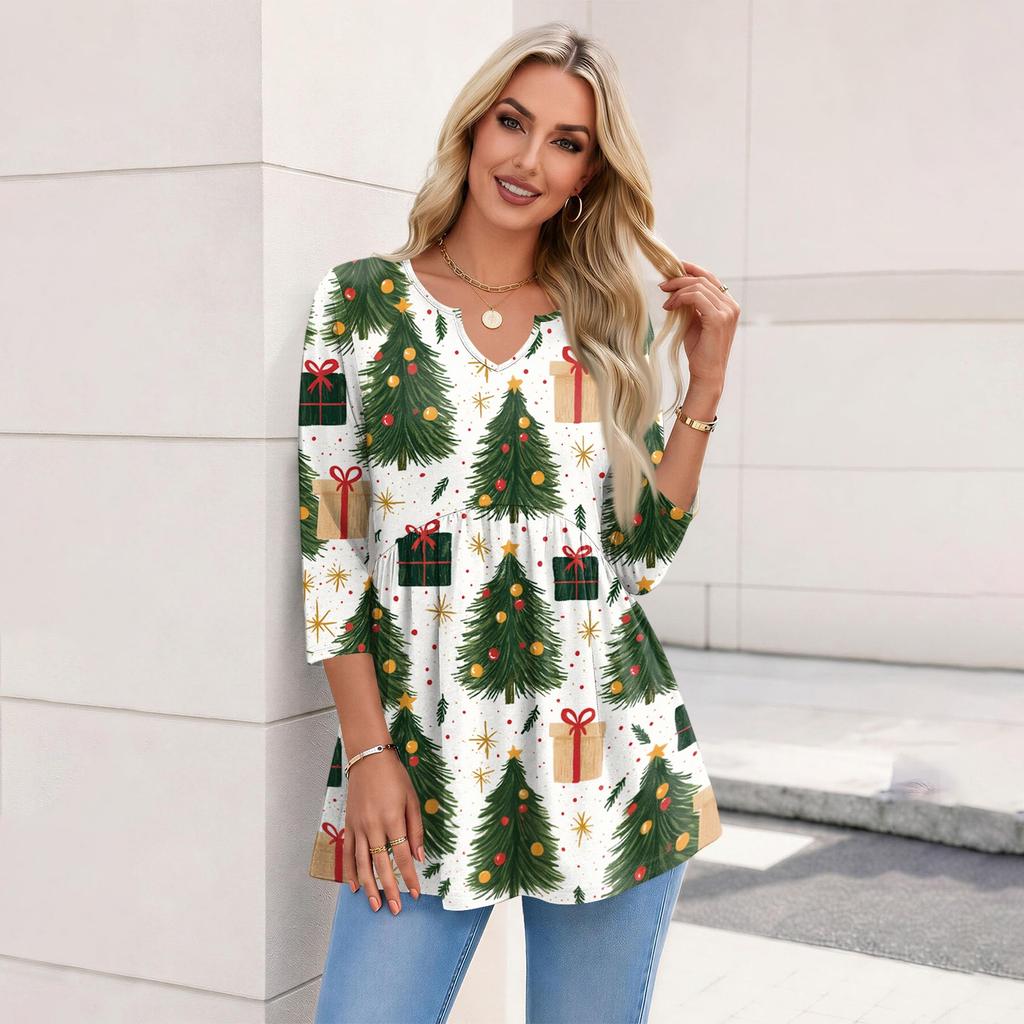 Women's Christmas Print V-Neck Three-Quarter Sleeve Casual Shirt for Holiday