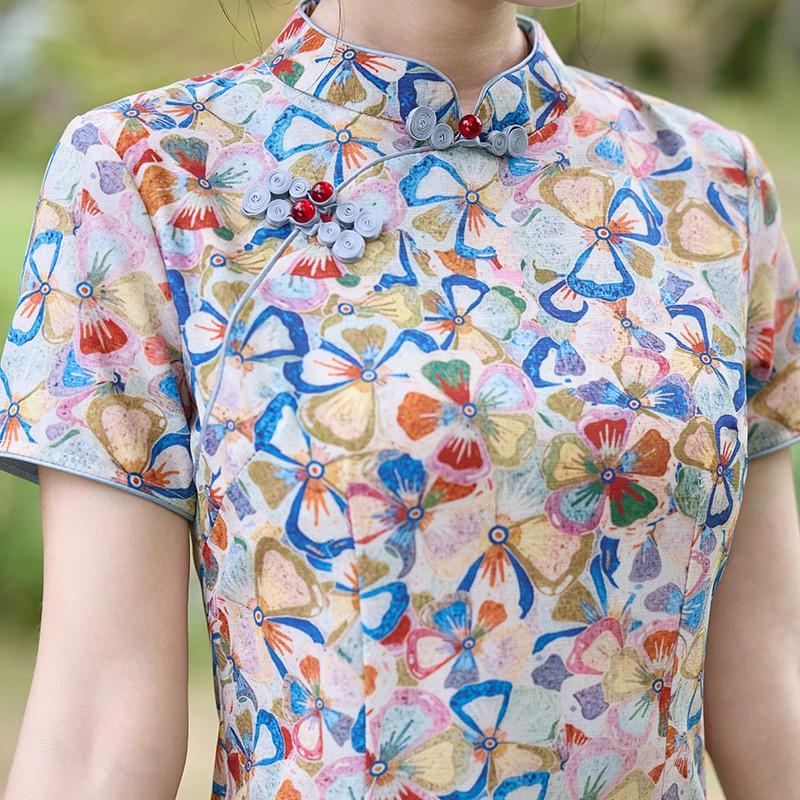 Womens Modern Cheongsam Dress Vintage Style Mid-Length Slim Fit Ice Silk Linen Blend 3D Print Stand Collar