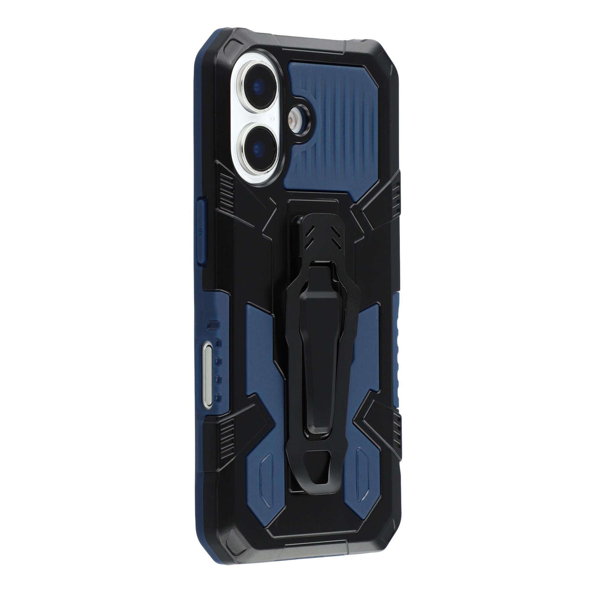 

For iPhone 16 Plus Case with Kickstand Belt Clip Design TPU+PC Phone Back Cover Blue