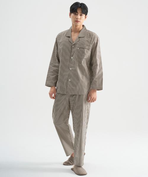 [May Flower] Khaki Style Long Sleeve Pure Cotton Men's Plus Size Pajama Set [Shipped from Korea] 100% Authentic