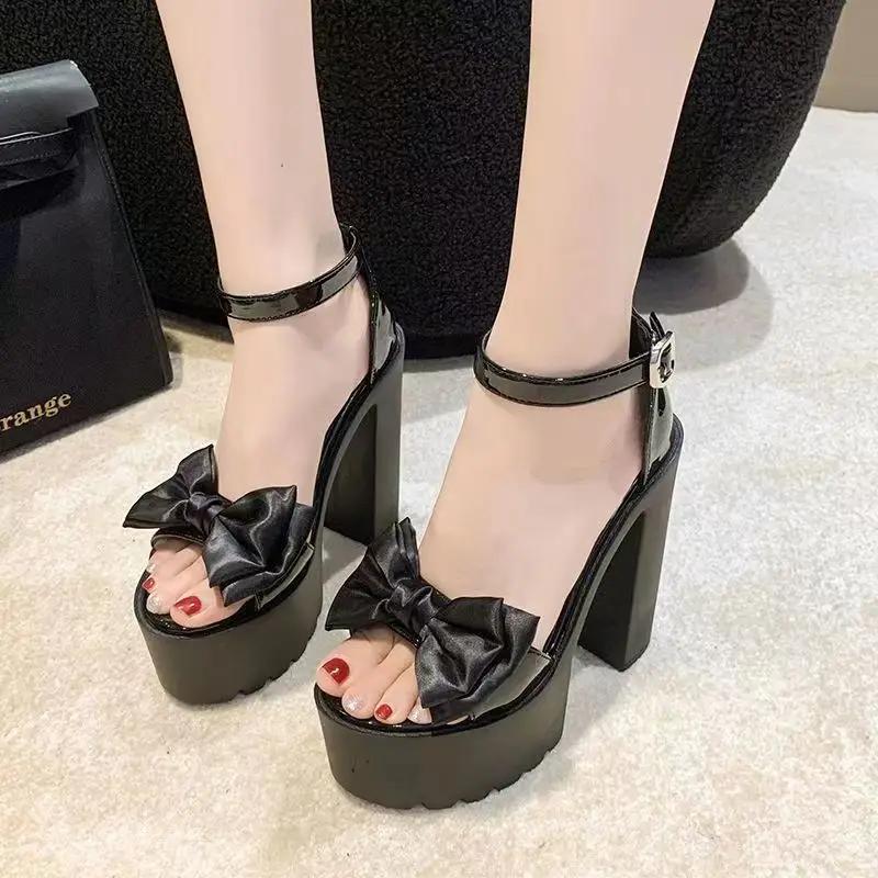 Fashion Women Sandals 2025 New Summer Shoes Trend Black White Fashionable Butterfly-KnotHigh Heels Leisure Chunky Platform Sandals Woman
