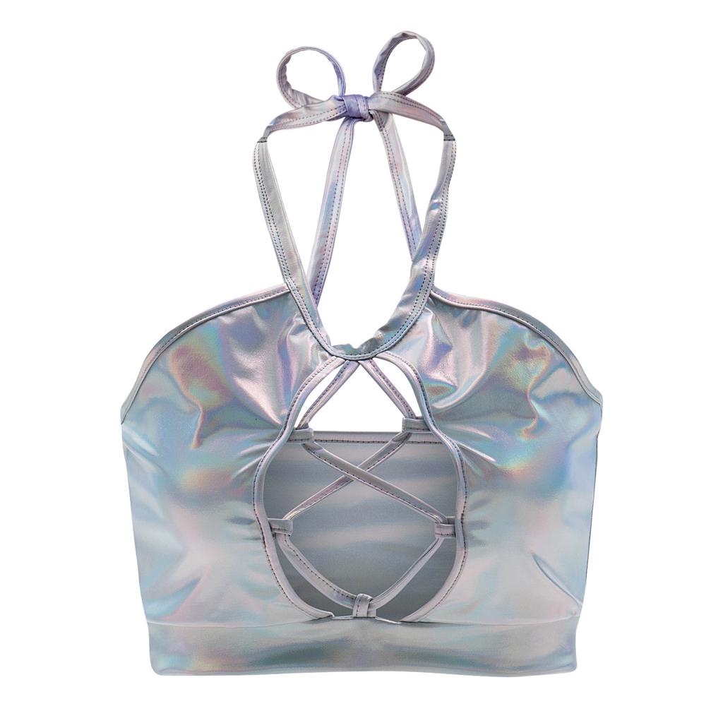 Women Shiny Metallic Halter Tank Top Sleeveless Spaghetti Strap Camisole Vest Bra Crop Tube Top for Party Club