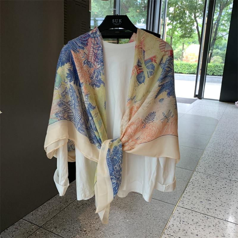 Blue Retro 130 Square Scarf Summer Air-Conditioned Room Shawl Sunscreen Silk Scarf Spring And Autumn Linen Scarf