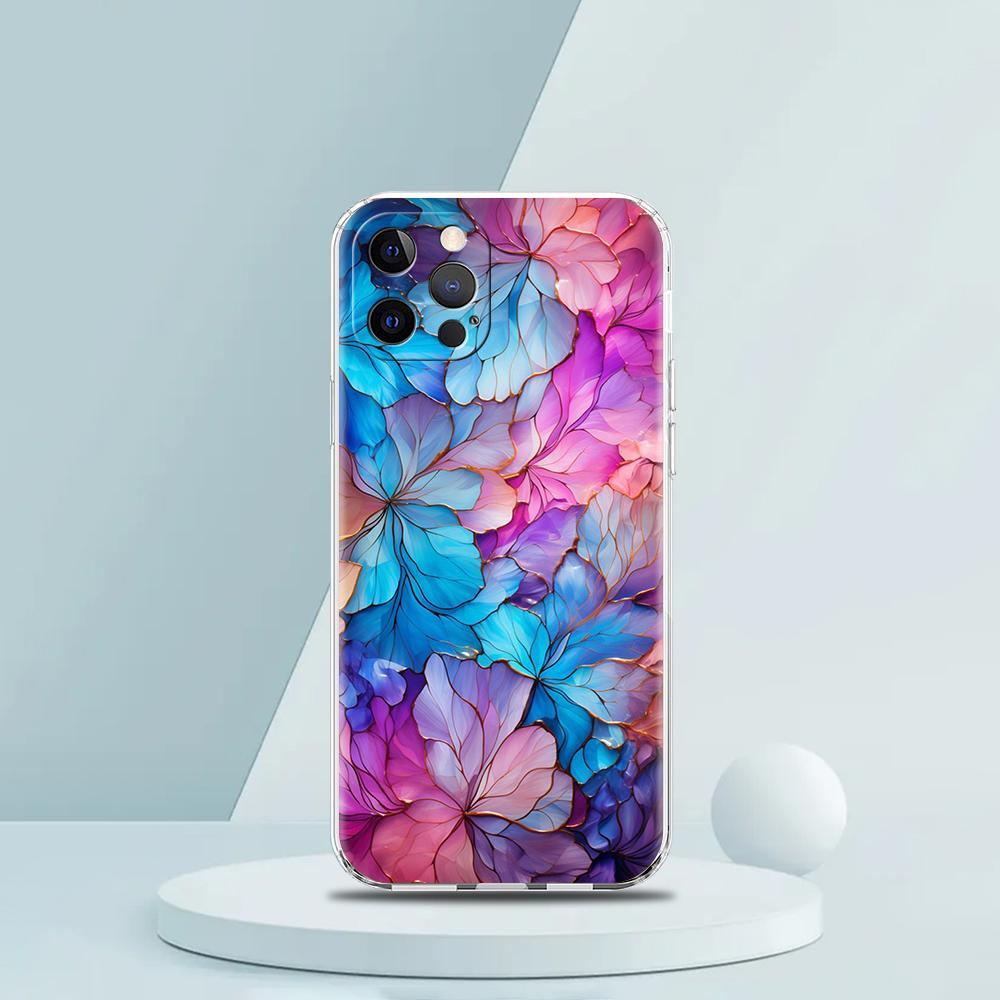 For iPhone 15 16 14 13 12 Mini 11 Pro Max XS X XR SE 7 8 Plus Silicone Clear Cover Beauty Flowers Leaves Luxury Phone Case
