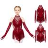 Girls Latin Dance Costume Sparkly Rhinestone Leotard with Ruched Mesh Cutout Tassel and Matching Mesh Gloves for Dance Competition