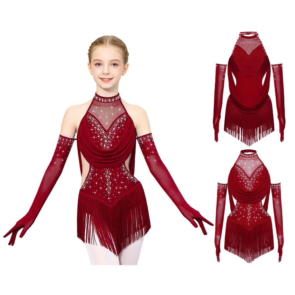 Girls Latin Dance Costume Sparkly Rhinestone Leotard with Ruched Mesh Cutout Tassel and Matching Mesh Gloves for Dance Competition