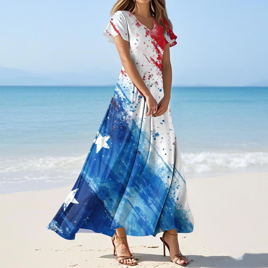 Women's Summer Casual Fashion Independence Day Printed Dresses V-Neck Short Sleeve Dresses