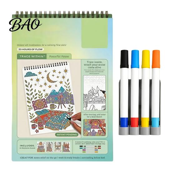 Spiral Bound Drawing Album Trace-By-Groove Guided Coloring Book, Clear Artistic Printing with 20 Decorative And Painting Set for Teens Scenes