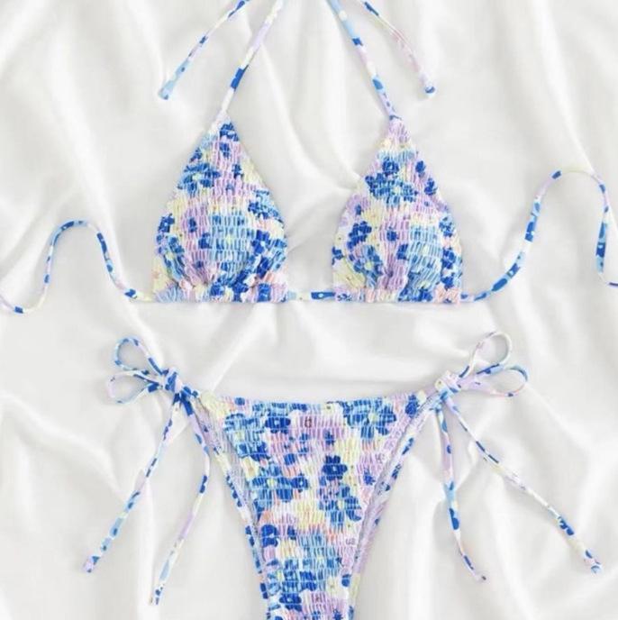 Floral Triangle Cup Three-Piece Swimsuit - Sexy Tie-Up Bikini Set In Stock