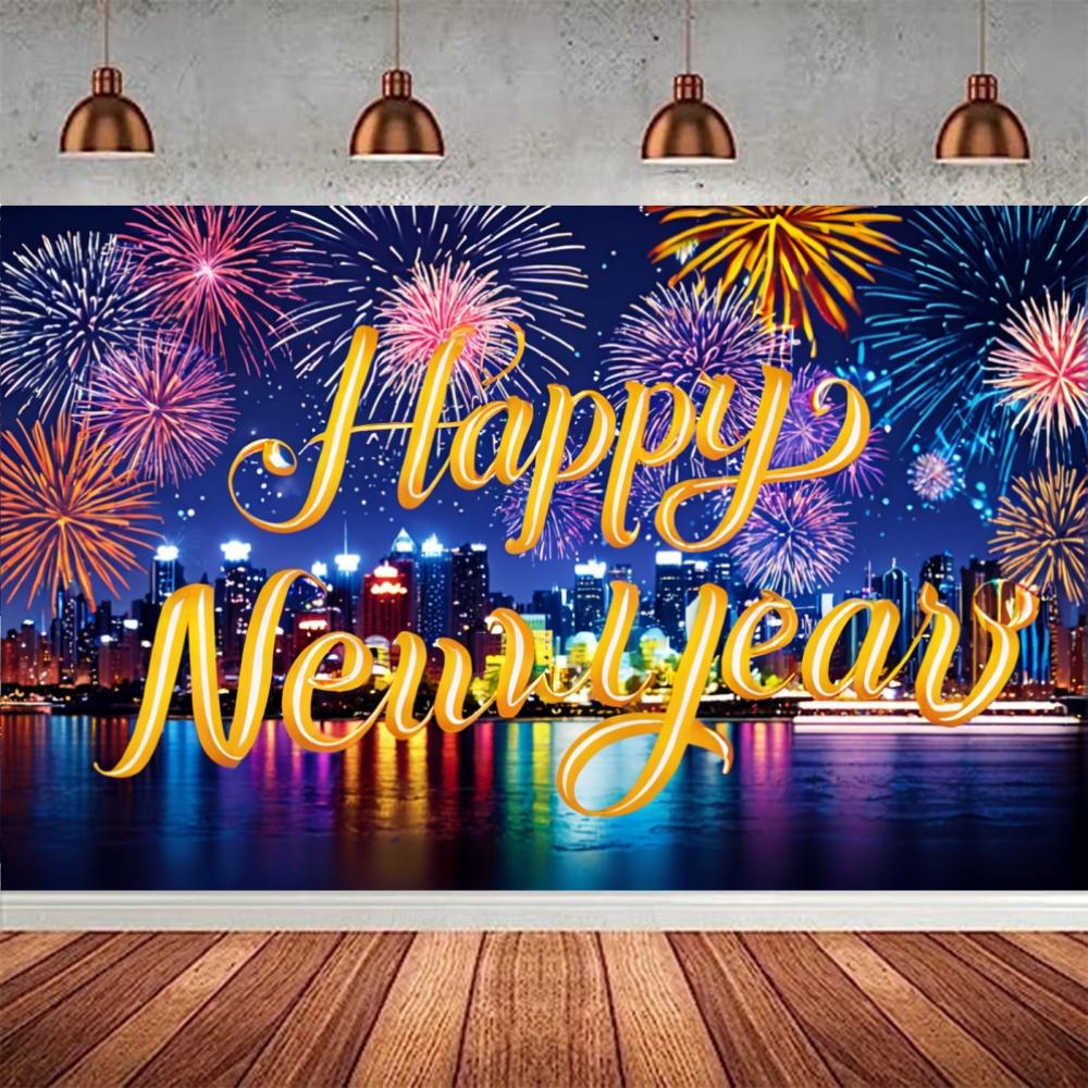 2025 Happy New Year Colorful Theme Party Background Fireworks Golden Balloon Banner New Year Home Party Photo Background