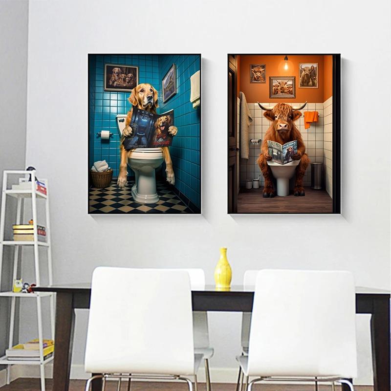 Retro Funny Animal Sitting On Toilet Reading Newspaper Posters Prints Canvas Painting Colorful Wall Pictures Bathroom Home Decor