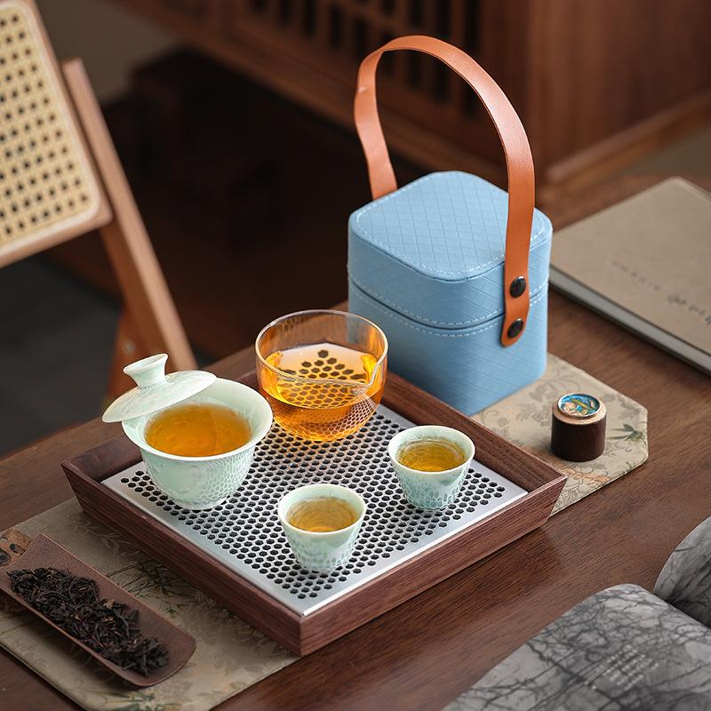 Crystal Glaze Travel Tea Set, Kiln Change Express Cup Cover Bowl, Household Kung Fu One Pot Two Cups Outdoor Portable Bag