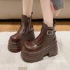 Нові Жіночі Хутряні Ботильйони на Щиколотці Товста Підошва Шкіряні Бойові Мотоциклетні Чоботи Осінь Зима Теплі Плюшеві Висока Платформа Зимове Взуття Жіноче 10 СМ