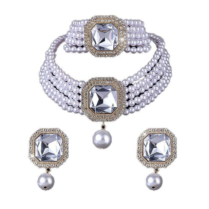 Square Crystal Diamond Earrings Necklace Set Choker Multilayer Bridal Anti-Pearl Necklace Earrings Women