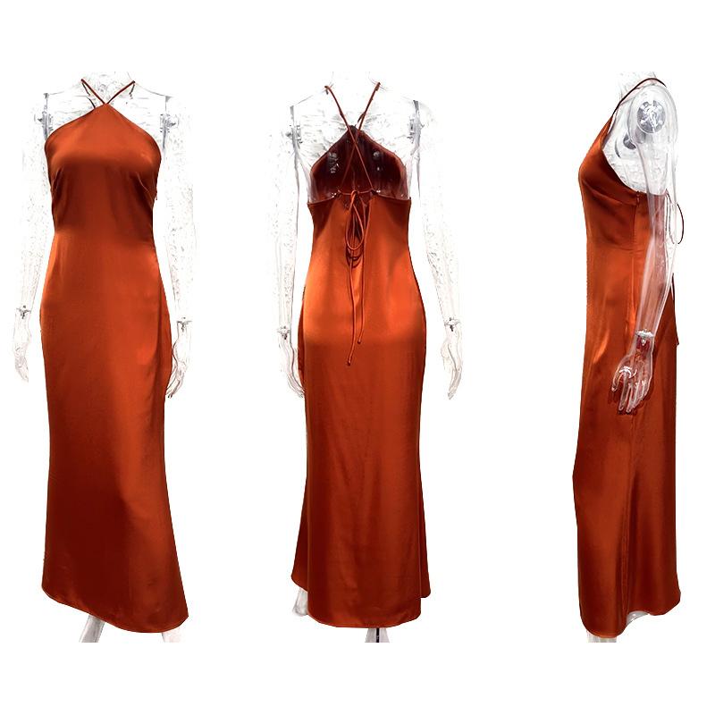 Women Design Sense Backless Spaghetti Strap Solid Ankel-Length Dress V-neck High Waist