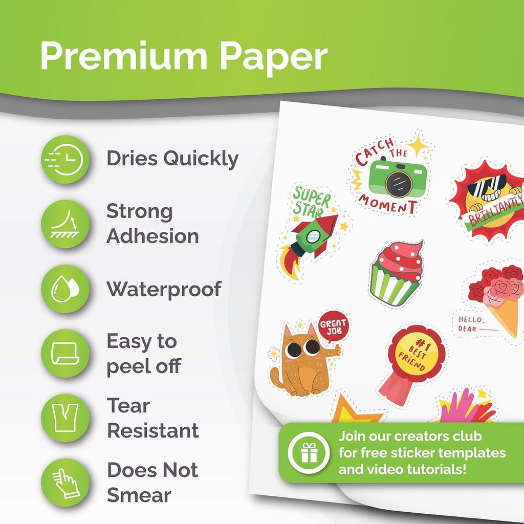 Premium Printable Vinyl Sticker Paper for Inkjet Printer - 34 Sheets Self-Adhesive Sheets Matte White Waterproof, Dries Quickly Vivid Colors, Holds