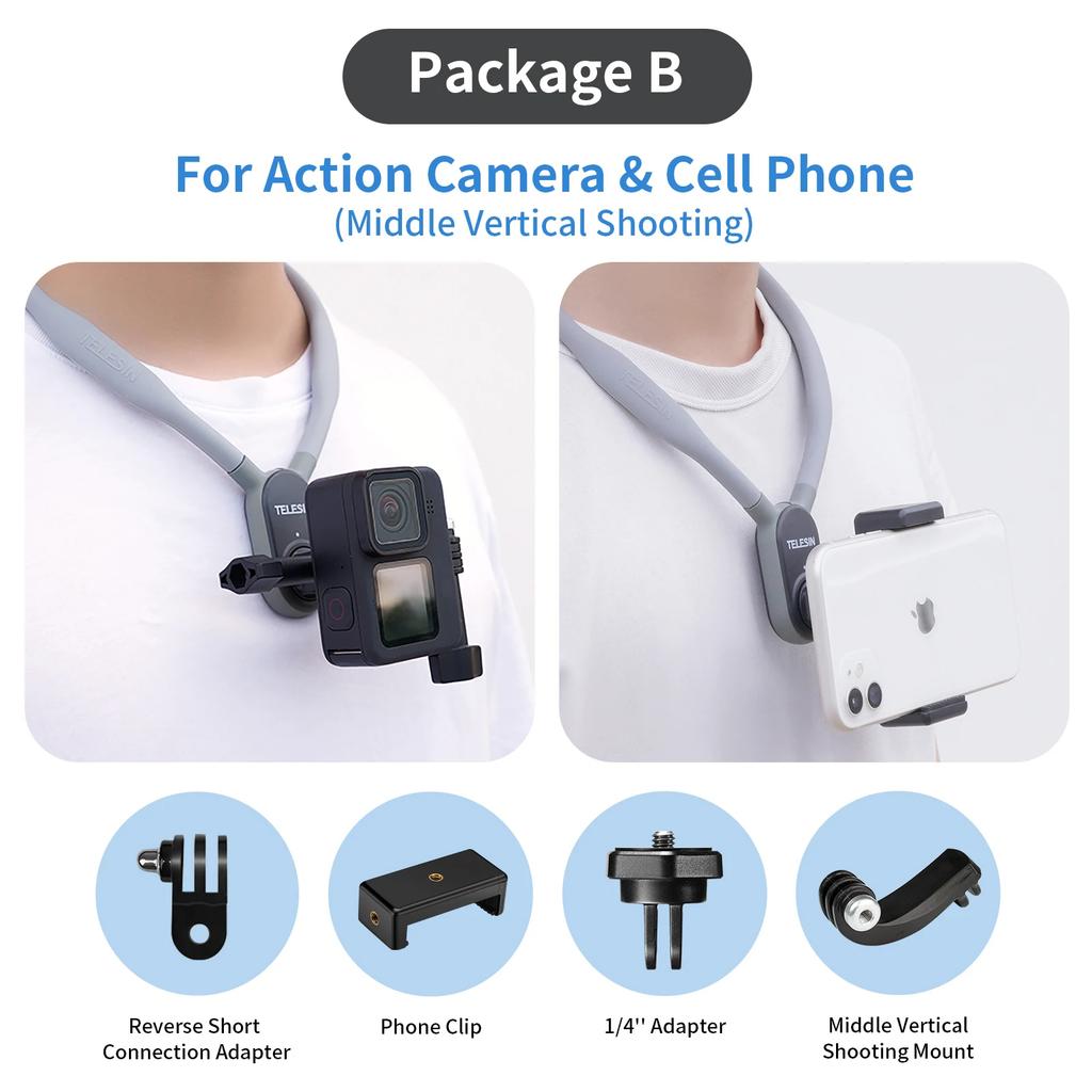 TELESIN Silicone Neck Hold Mount for GoPro Hero 13 12 11 10 9 8 Insta360 DJI Osmo Action Smartphone Magnetic Action Accessories