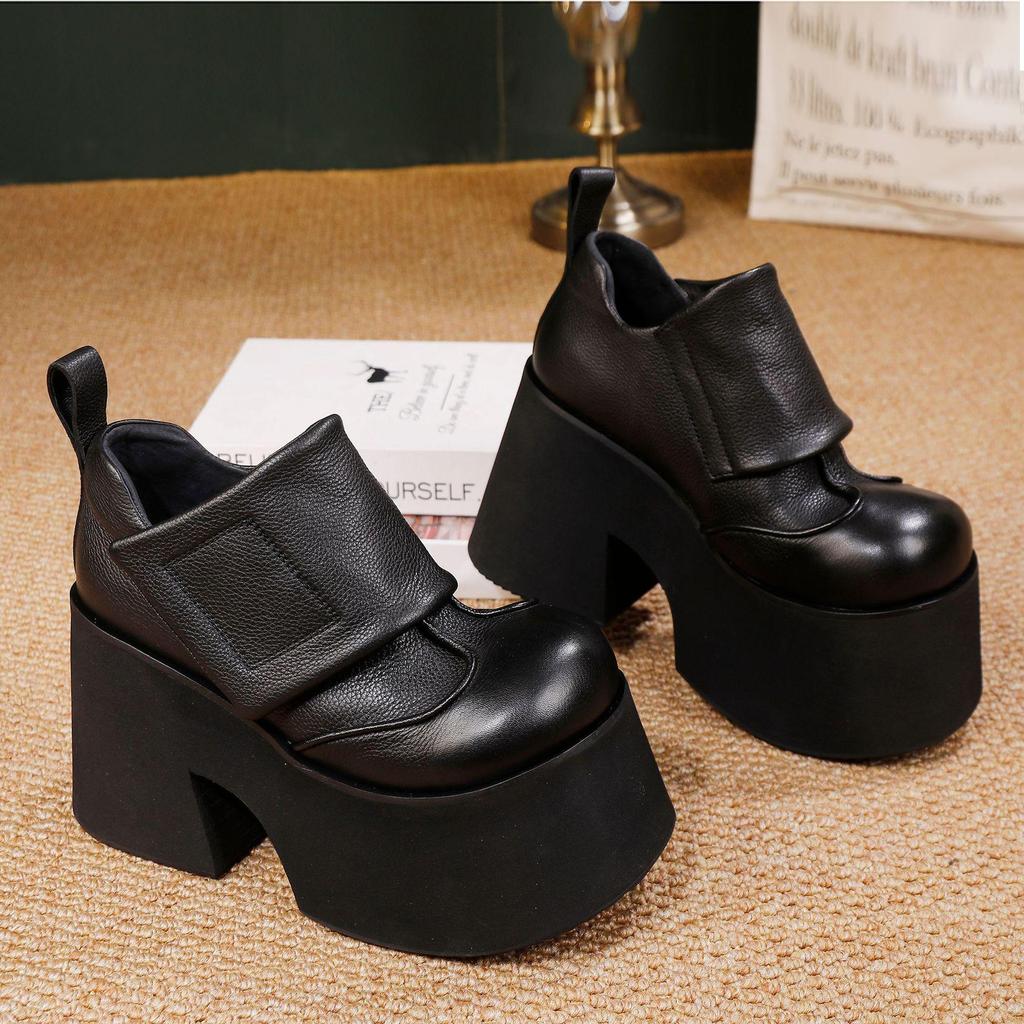 Women's Genuine Leather Platform Shoes 2025: Autumn/Winter Pure Cowhide Petite Height-Increasing Hook & Loop Single Shoes