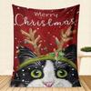 Merry Christmas Cat with Reindeer Antlers Pattern Fleece Blanket, Festive Winter Holiday Throw Blanket, Soft Cozy for Couch Bed