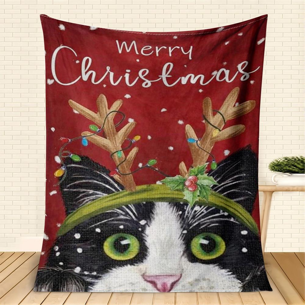 Merry Christmas Cat with Reindeer Antlers Pattern Fleece Blanket, Festive Winter Holiday Throw Blanket, Soft Cozy for Couch Bed