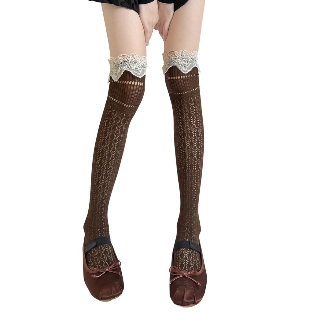 Hollowout Weave Fishnet Geometric Pattern Stockings Thigh High Socks Ruffle Lace Trim Overknee Stockings for Women Girls