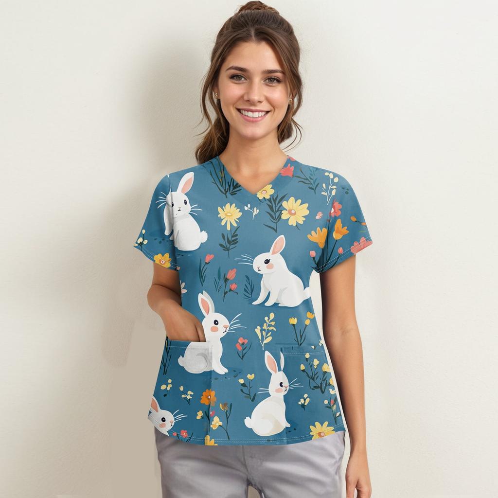 Women's Fashion V-neck Short Sleeve Workwear With Pockets Printed Tops