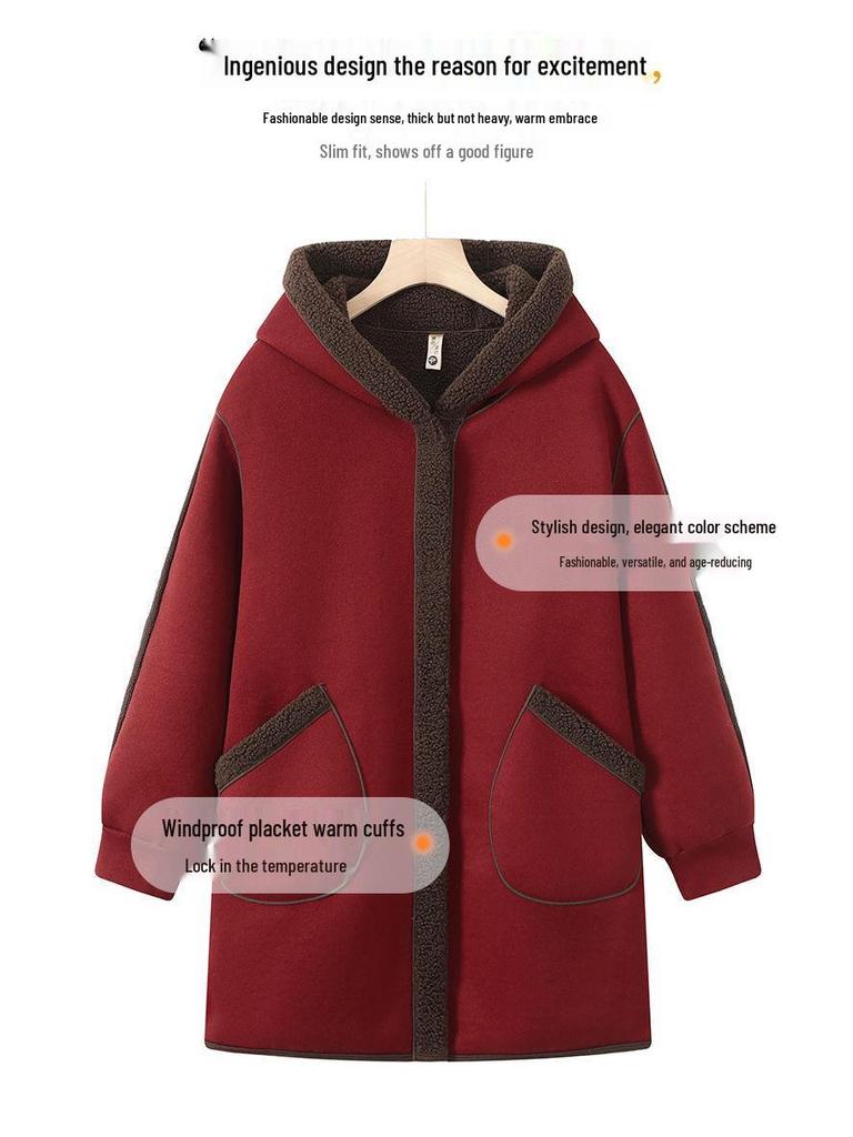 Mom's Double-Sided Hooded Overcoat: Thick Cotton-Padded, Fleece-Lined Jacket for Autumn & Winter - Mid-Length for Middle-Aged & Elderly Women